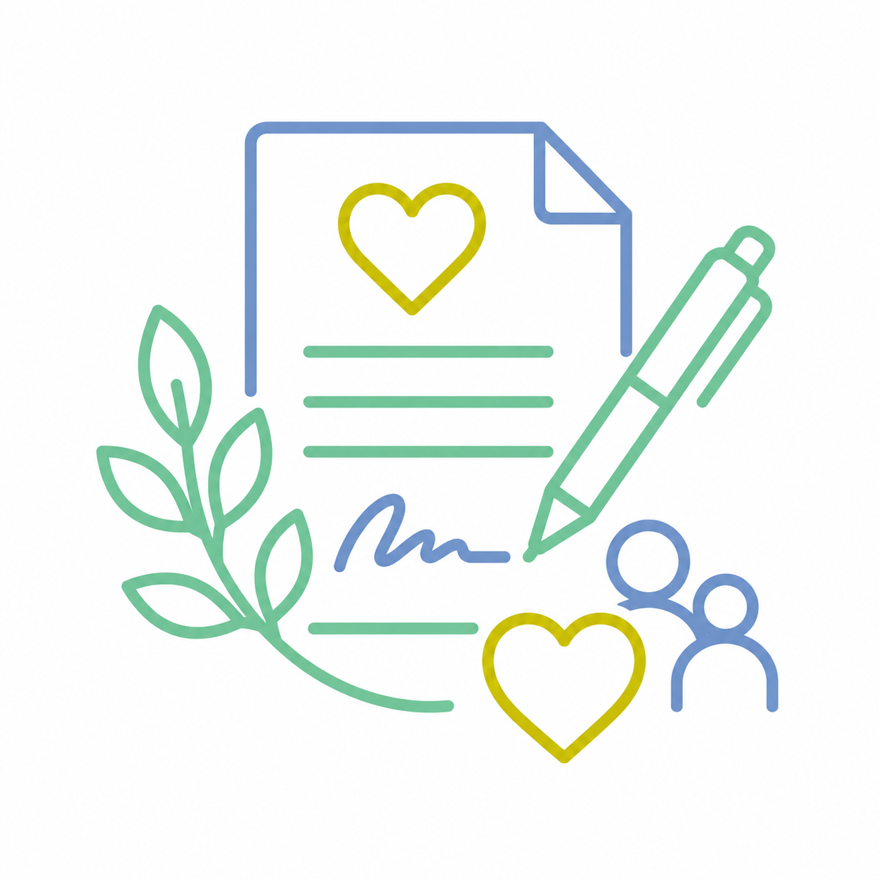 Line drawing of a signed letter with a heart, surrounded by leaves, a pen, and two human figures.