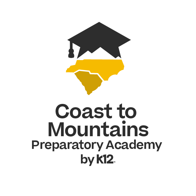 Logo for Coast to Mountains Preparatory Academy by K12, featuring a stylized mountain and a yellow landmass beneath an upside-down graduation cap.