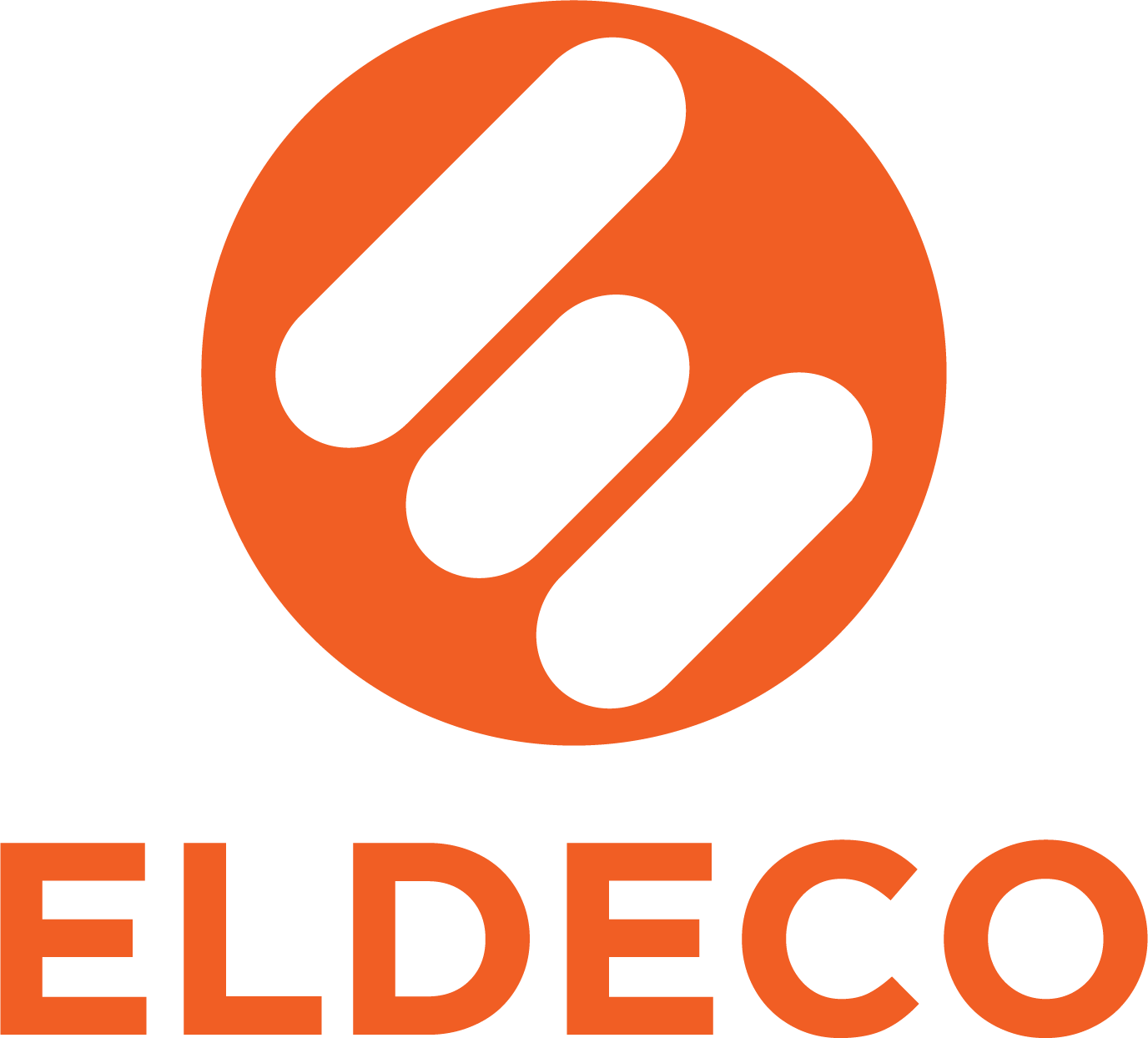 Eldeco logo featuring a circular orange icon with three black diagonal lines inside, and the word 'ELDECO' in bold orange letters underneath.