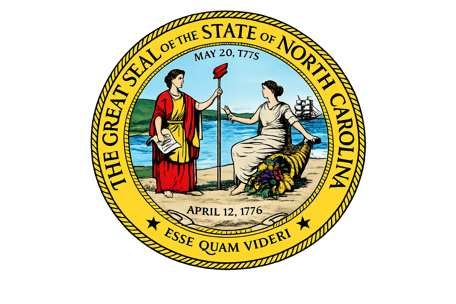 The Great Seal of the State of North Carolina featuring two women, one holding a staff and the other seated by a wreath, with a ship in the background, and text including the date April 12, 1776.