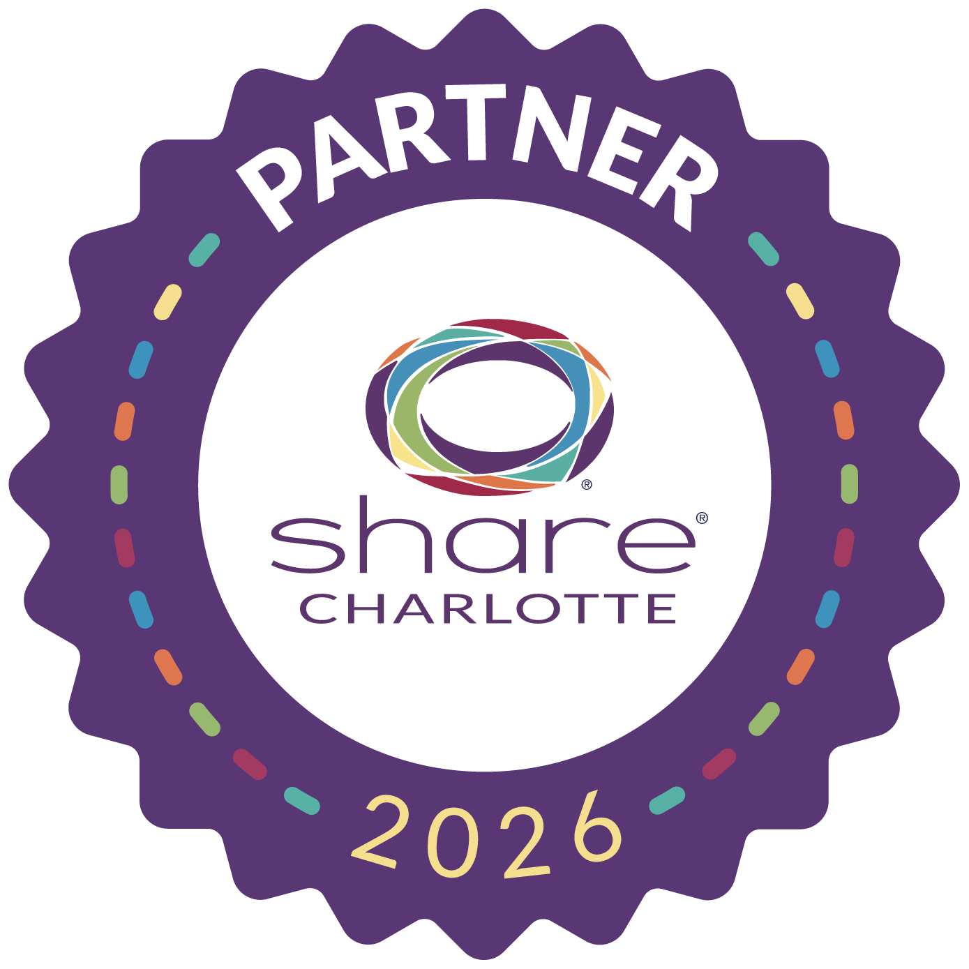 Share Charlotte 2026 partnership badge with colorful circular logo and purple scalloped border.