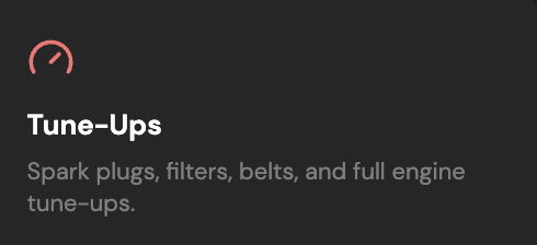Text describing tune-up components: spark plugs, filters, belts, and full engine tune-ups.