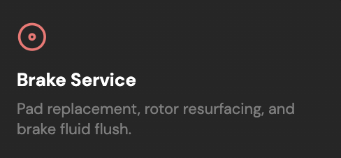 Brake Service informational card with a pink target icon, black background, and white text mentioning pad replacement, rotor resurfacing, and brake fluid flush.