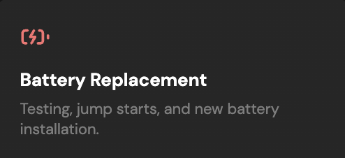 Text reading 'Battery Replacement' with the subtitle 'Testing, jump starts, and new battery installation' on a dark background.