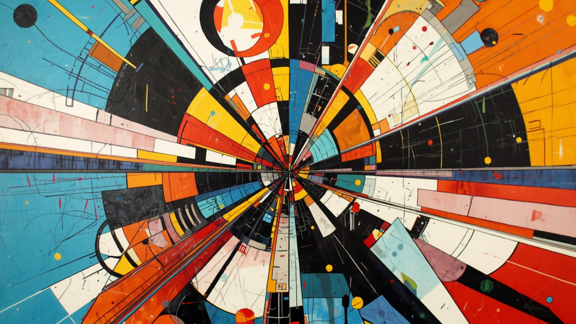 Abstract geometric art with colorful concentric circles, lines, and shapes in red, yellow, blue, black, and white, with dynamic splatters and scribbles.