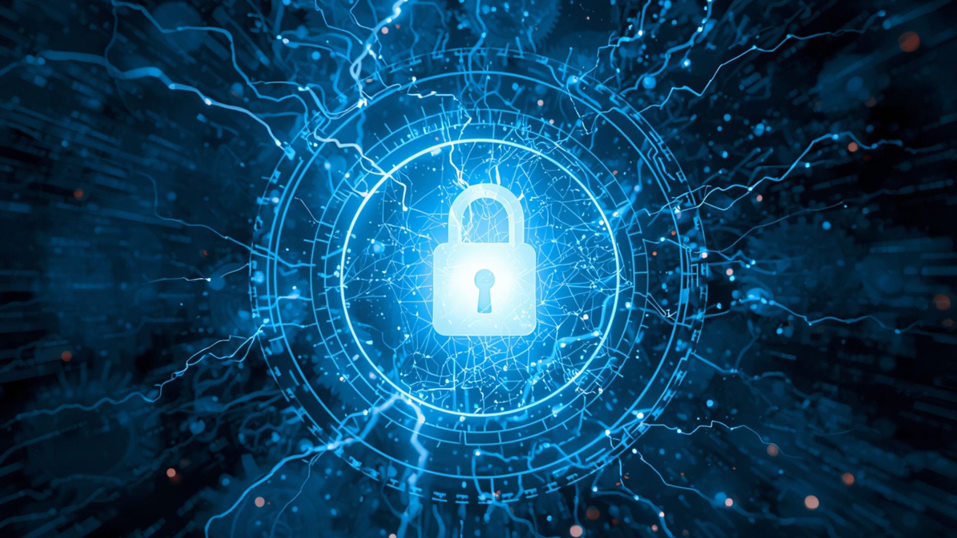 Digital illustration of a glowing padlock at the center, surrounded by abstract blue lines and circuitry representing cybersecurity and data protection.