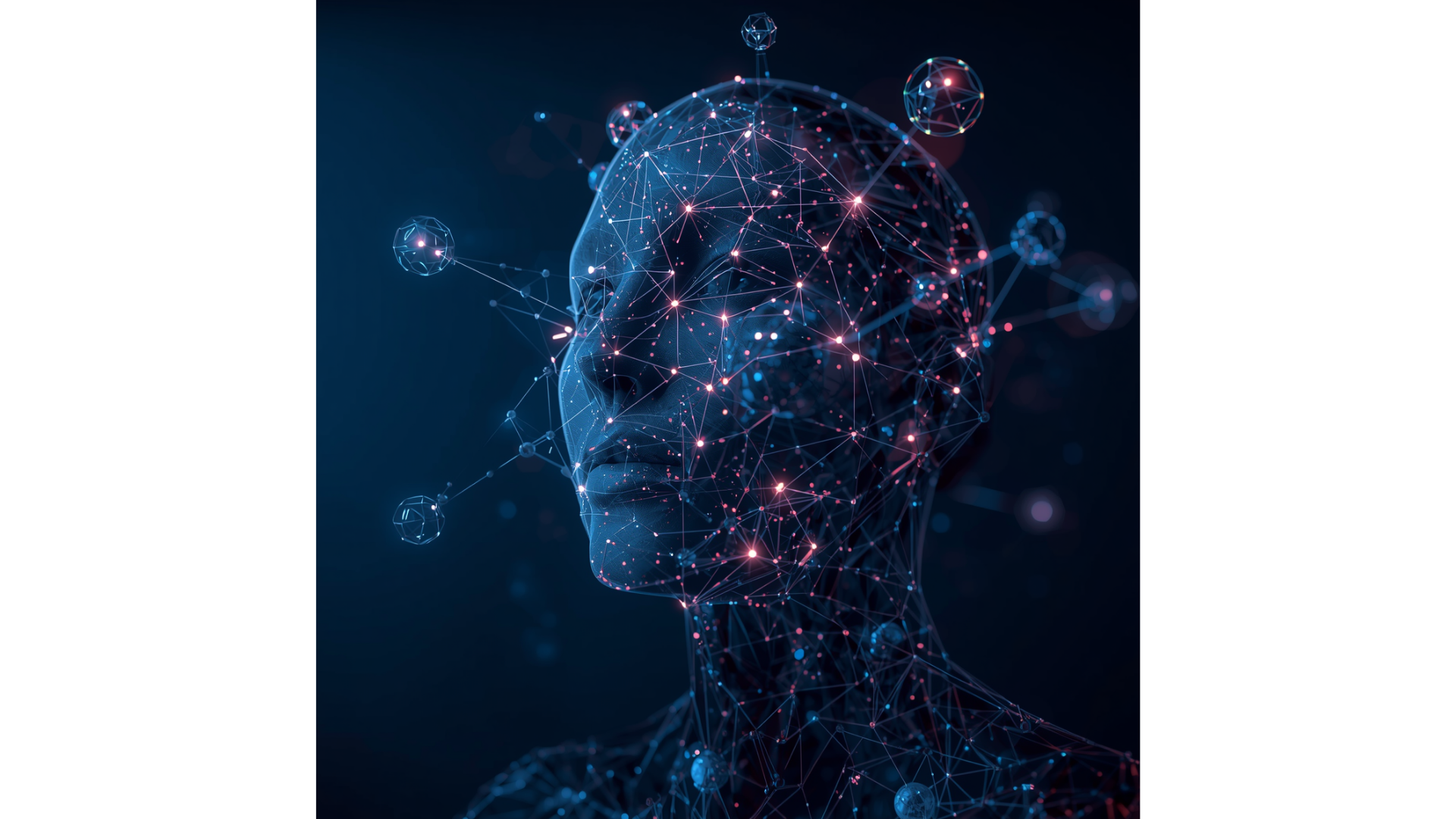 A digital, futuristic representation of a human head and neck made up of interconnected lines and glowing nodes, with floating geometric shapes surrounding it against a dark background.