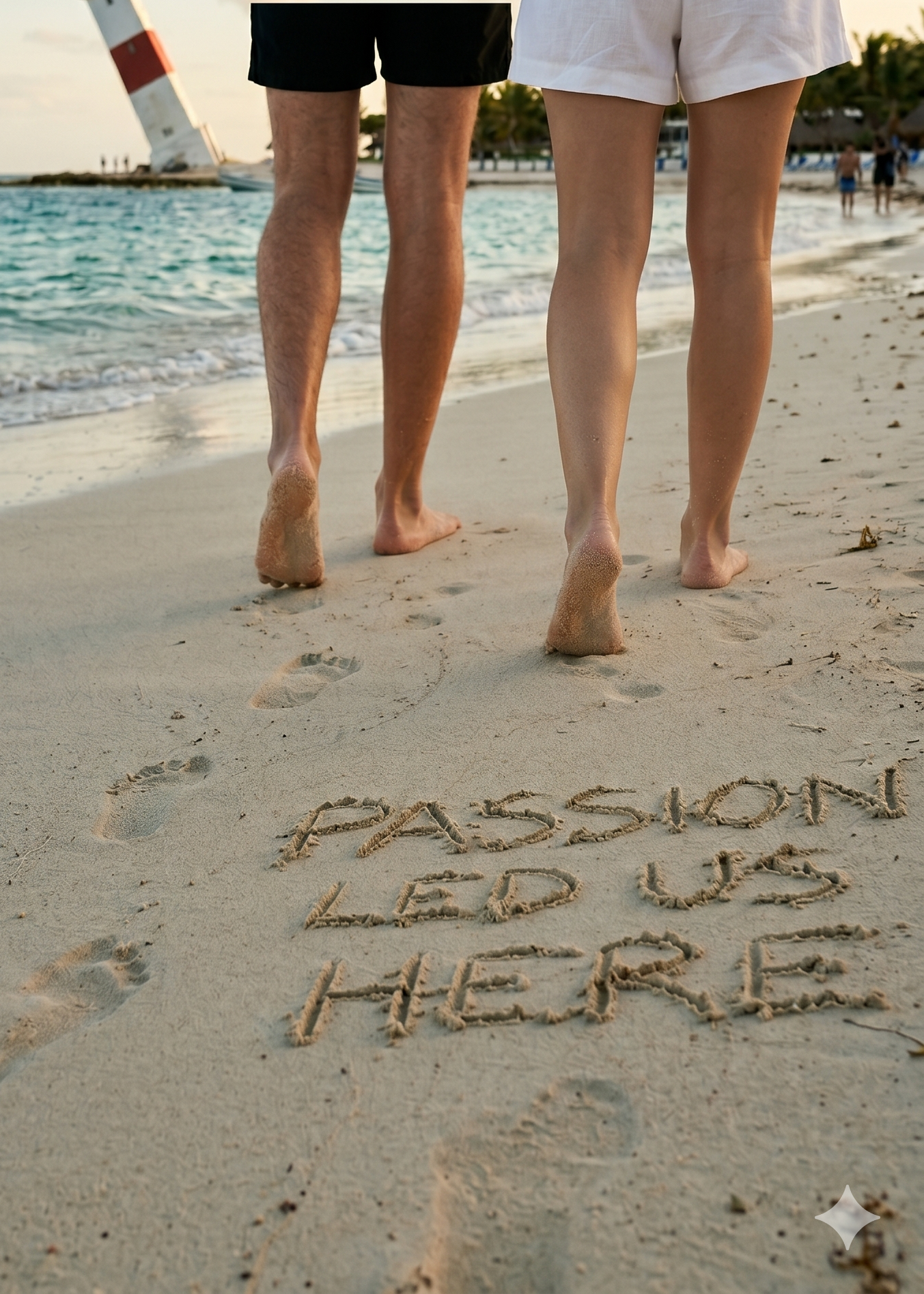 Two people walking on a sandy beach, with the words 'PASSION, LEADERSHIP' written in the sand.