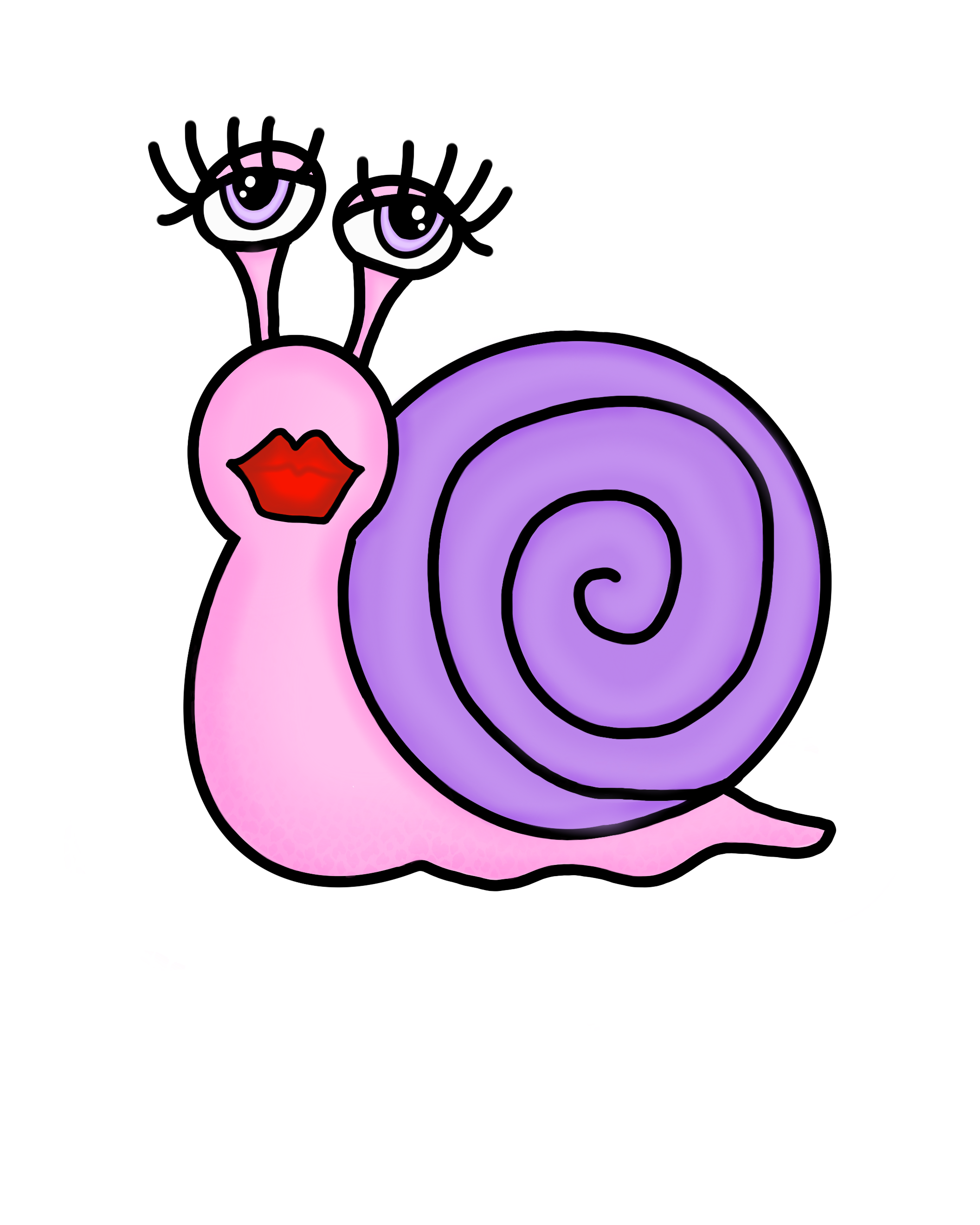 A digital illustration of a snail with purple spiral shell, pink body, exaggerated facial features including drooping eyes with purple eye makeup, red lips, and pink antennae against a black background.