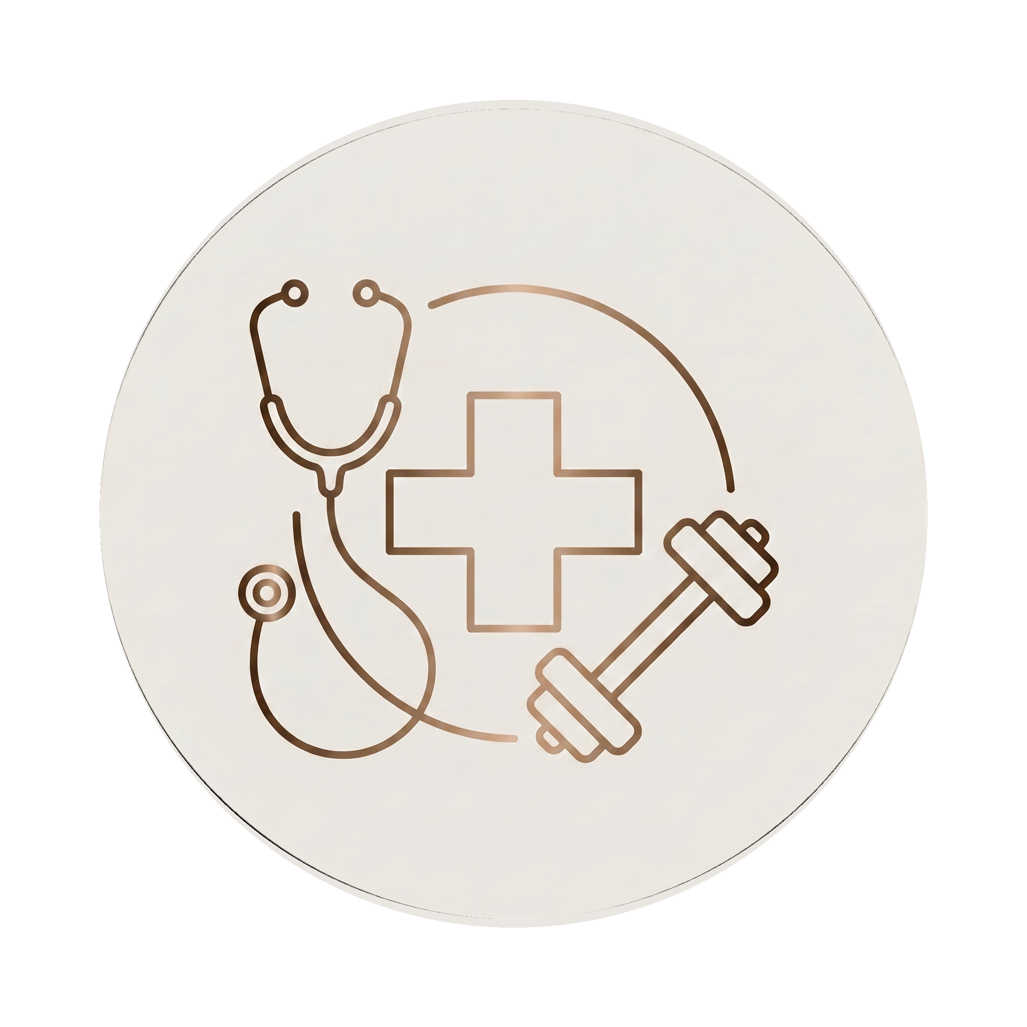 Close-up of a clock face with beige and brown outlines of a stethoscope, syringe, and pill, symbolizing healthcare.