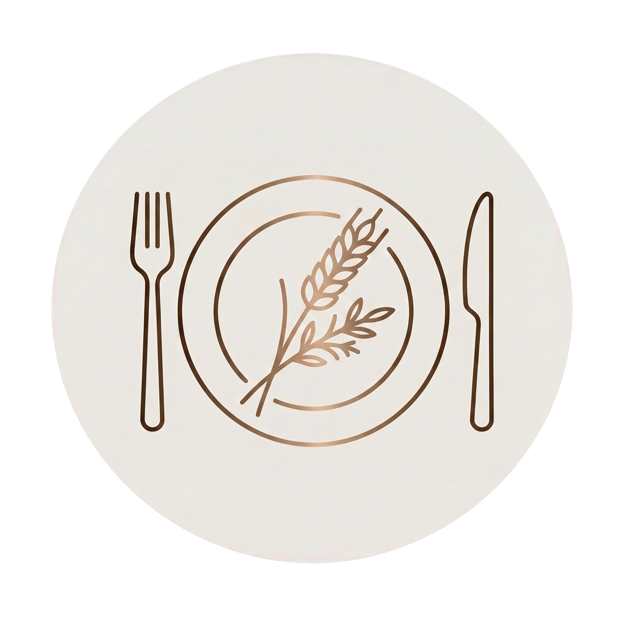 Close-up of a white plate with a design of cutlery and a wheat stalk in the center.