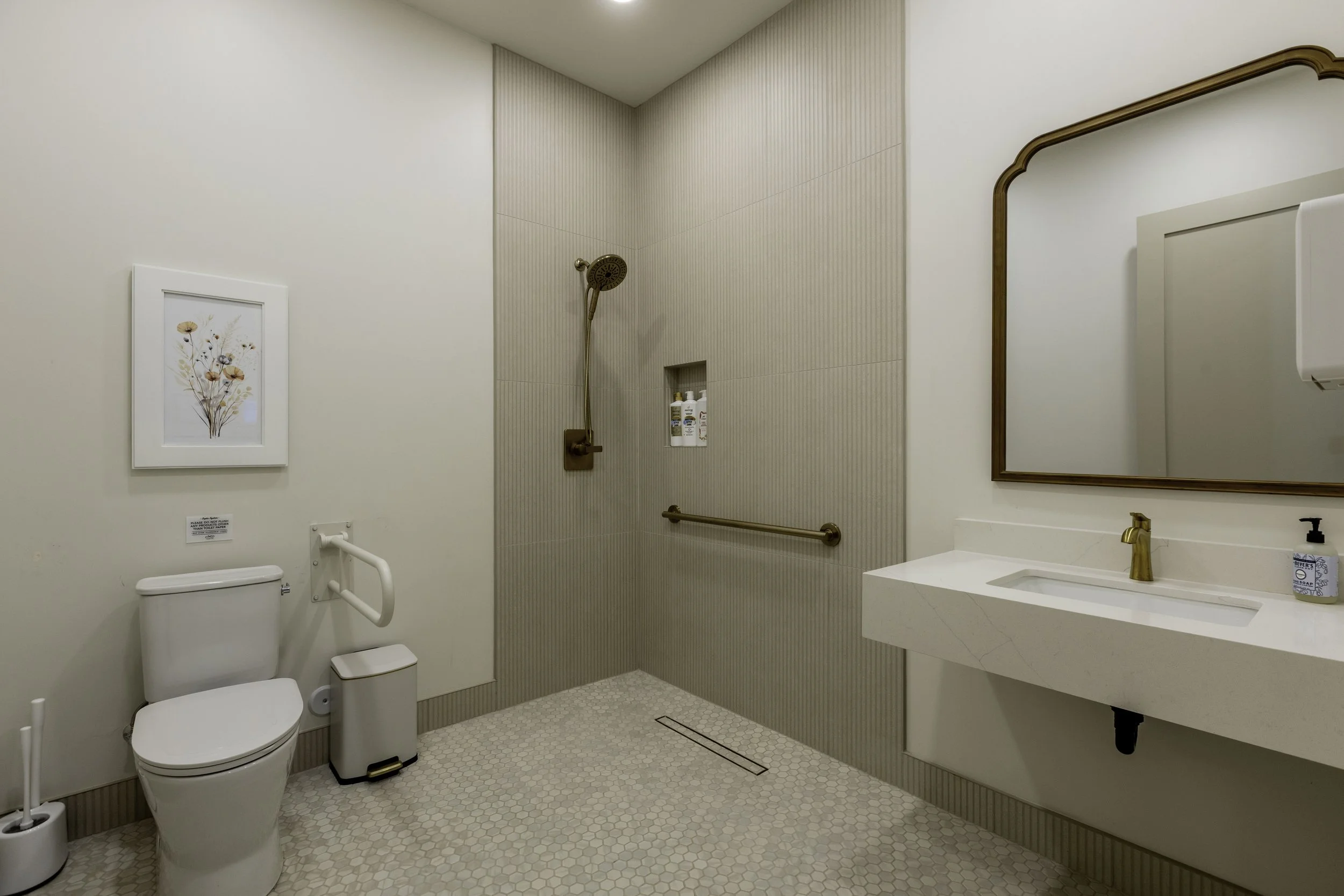 A bathroom with a toilet, grab bars, a framed flower print, a small sink, and a mirror, with beige and white color scheme.