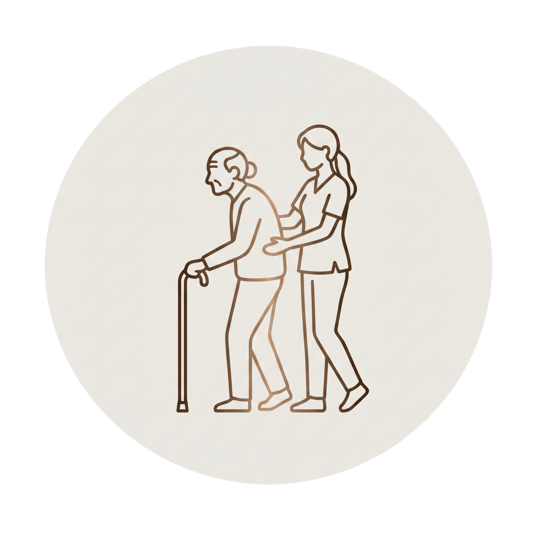 Line drawing of a female nurse administering a vaccination to an elderly man, who is seated and holding a walking stick.