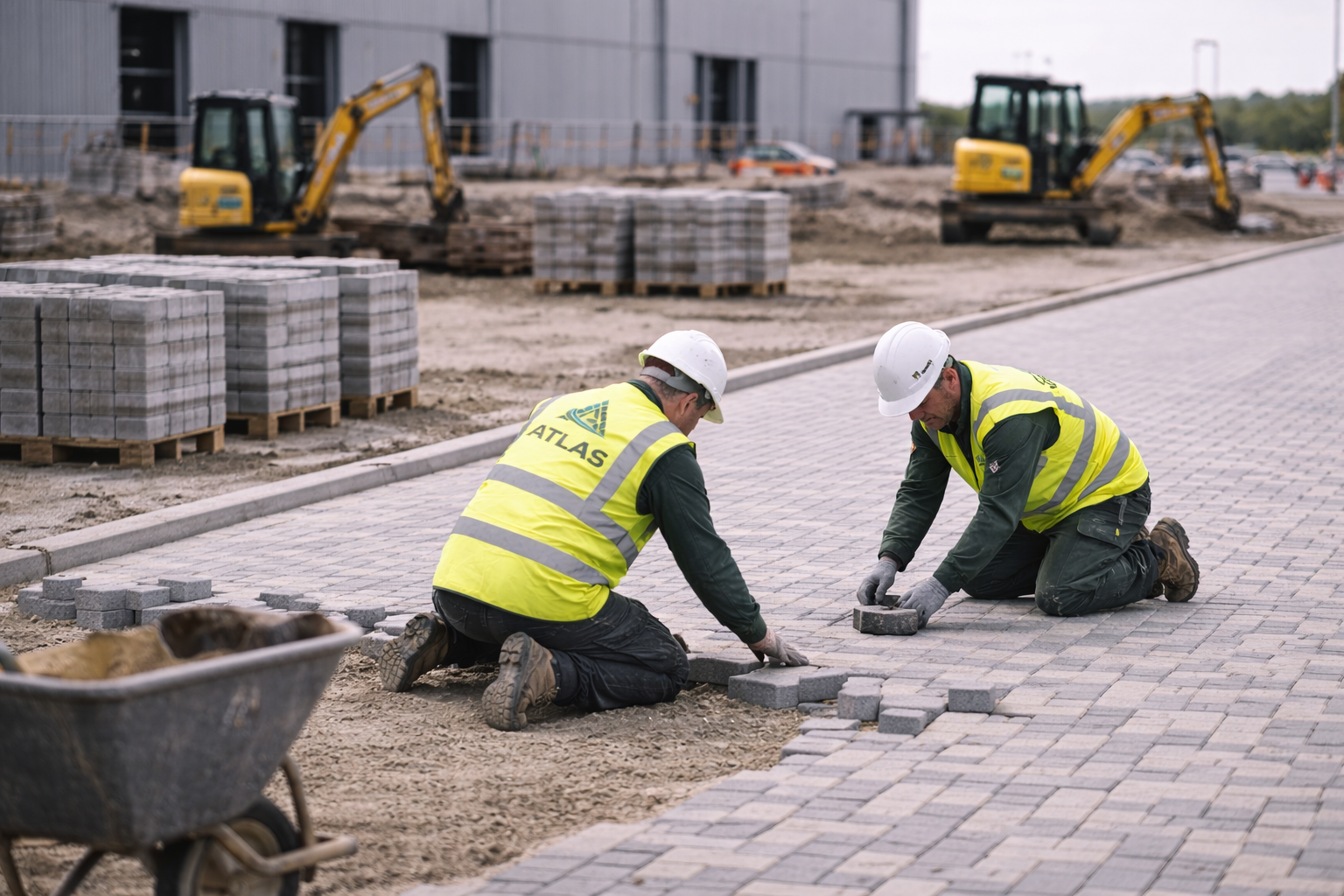 Two construction workers installing block paving at a construction site with construction equipment and a building in the background.