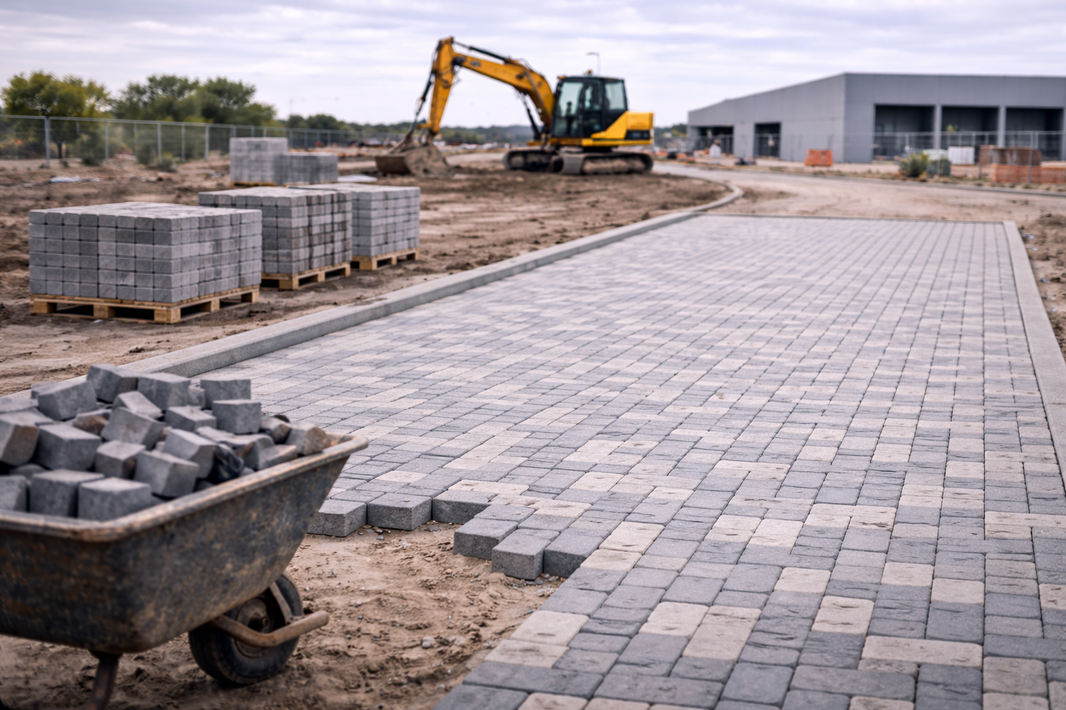 Construction site with a yellow excavator, stacks of concrete pavers on pallets, a wheelbarrow filled with block pavers, and a partly paved walkway under construction.