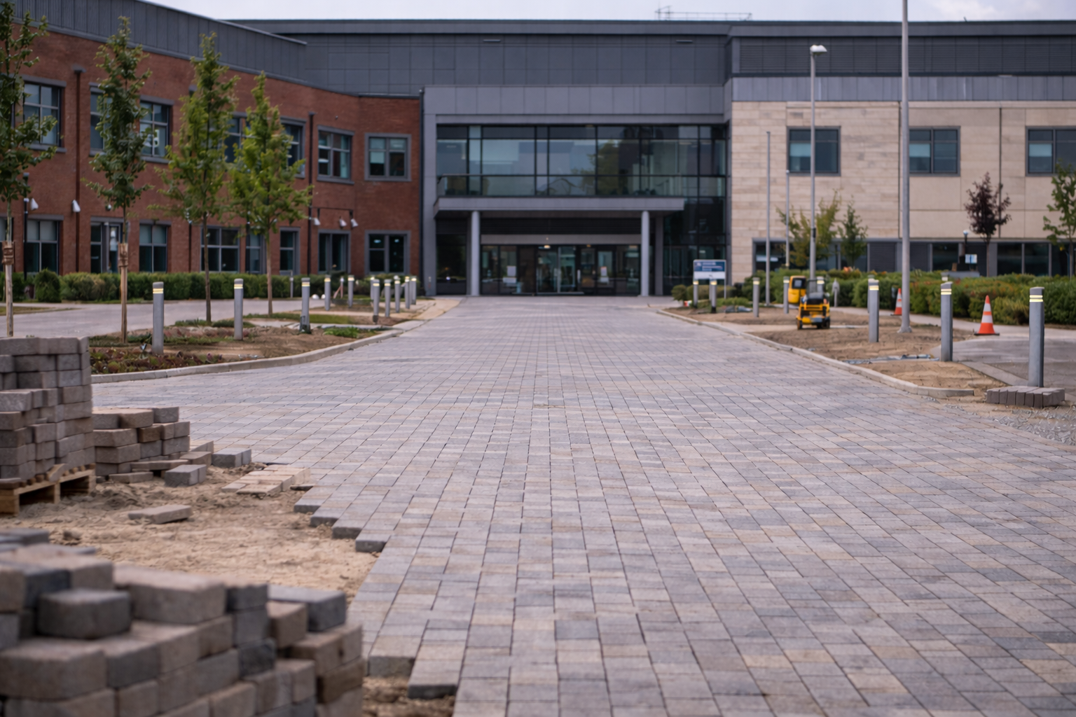 A building with a brick and glass exterior, with construction work ongoing on a paved walkway in front.