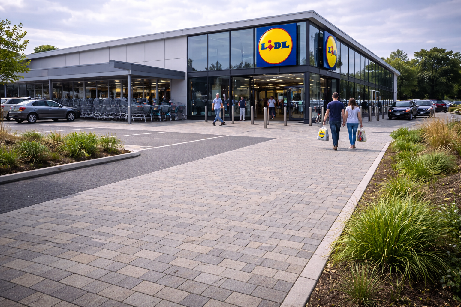 Exterior of a Lidl grocery store with a few people walking toward the entrance on a block paved walkway, parked cars, and landscaped greenery.