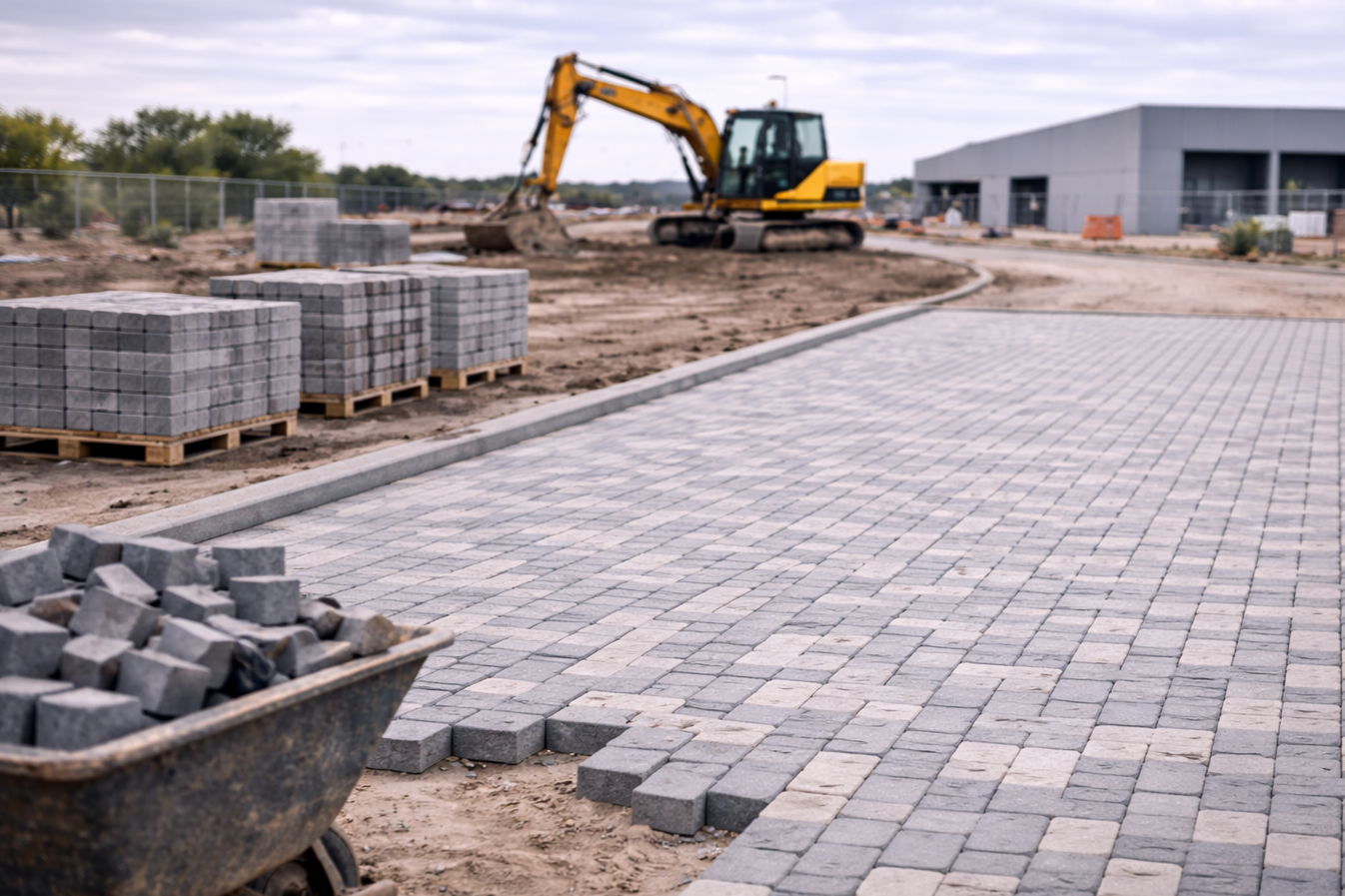 Construction site with a yellow excavator working on a block paved area, stacks of grey bricks on pallets, and a building in the background.