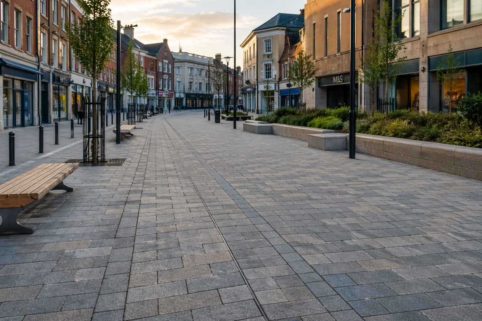 Empty block paved pedestrian street with benches, trees, streetlights, and shops, some with store signs, during daytime.