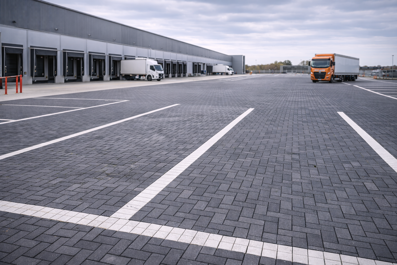 Empty block paved parking lot with a few trucks near a large warehouse under cloudy sky.