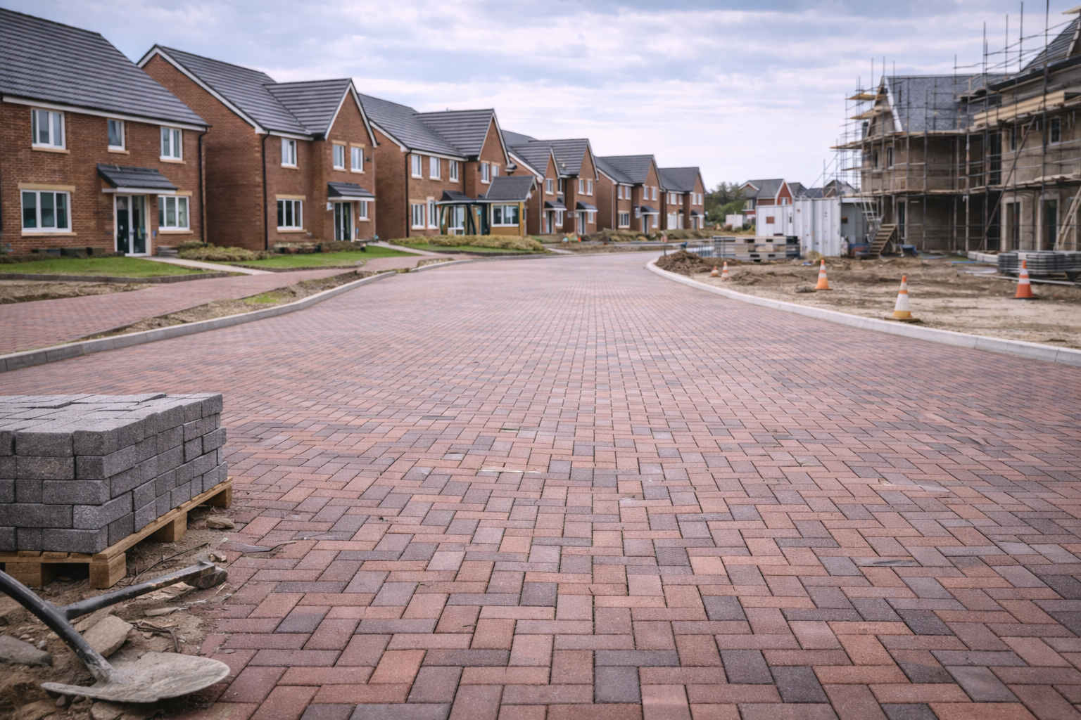 A residential street with new brick pavers, row of modern brick houses on the left, some construction work on the right with scaffolding and traffic cones.