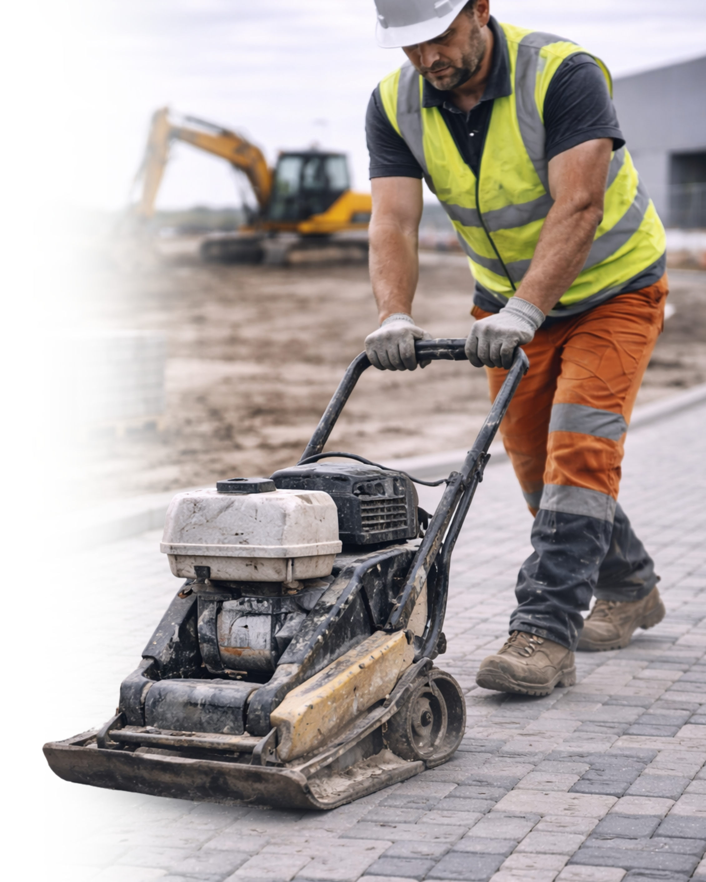 A construction worker operating a compactor on a block paved area, with a yellow excavator in the background.