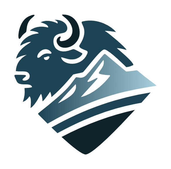An illustration of a stylized mountain with a large snow peak, alongside a corporate logo of a bison featuring a dark blue and light blue color scheme.