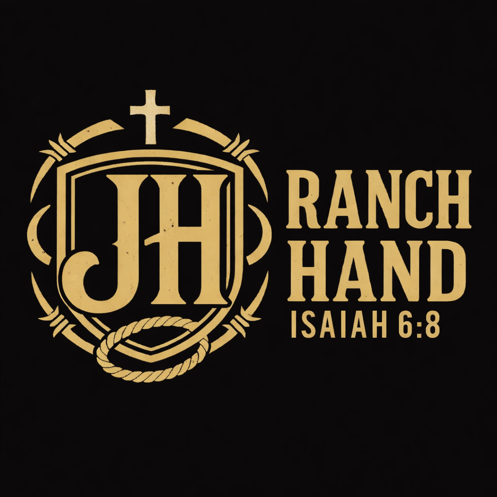 Logo with shield, cross, and rope design containing the letters 'JH', and text reading 'Ranch Hand Isaiah 6:8' in gold on a black background.
