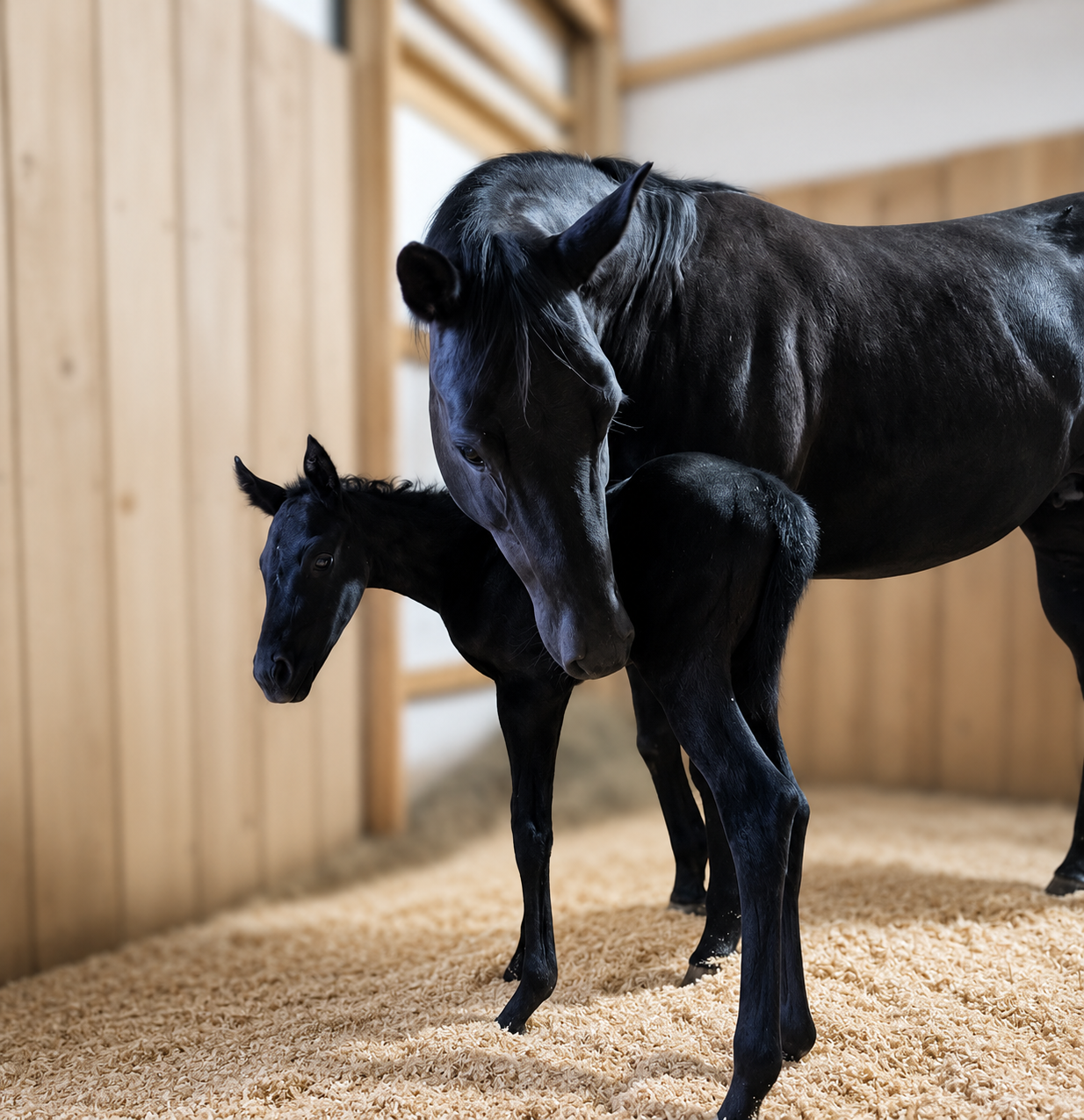 A black mare and her foal in a wooden barn with straw bedding.