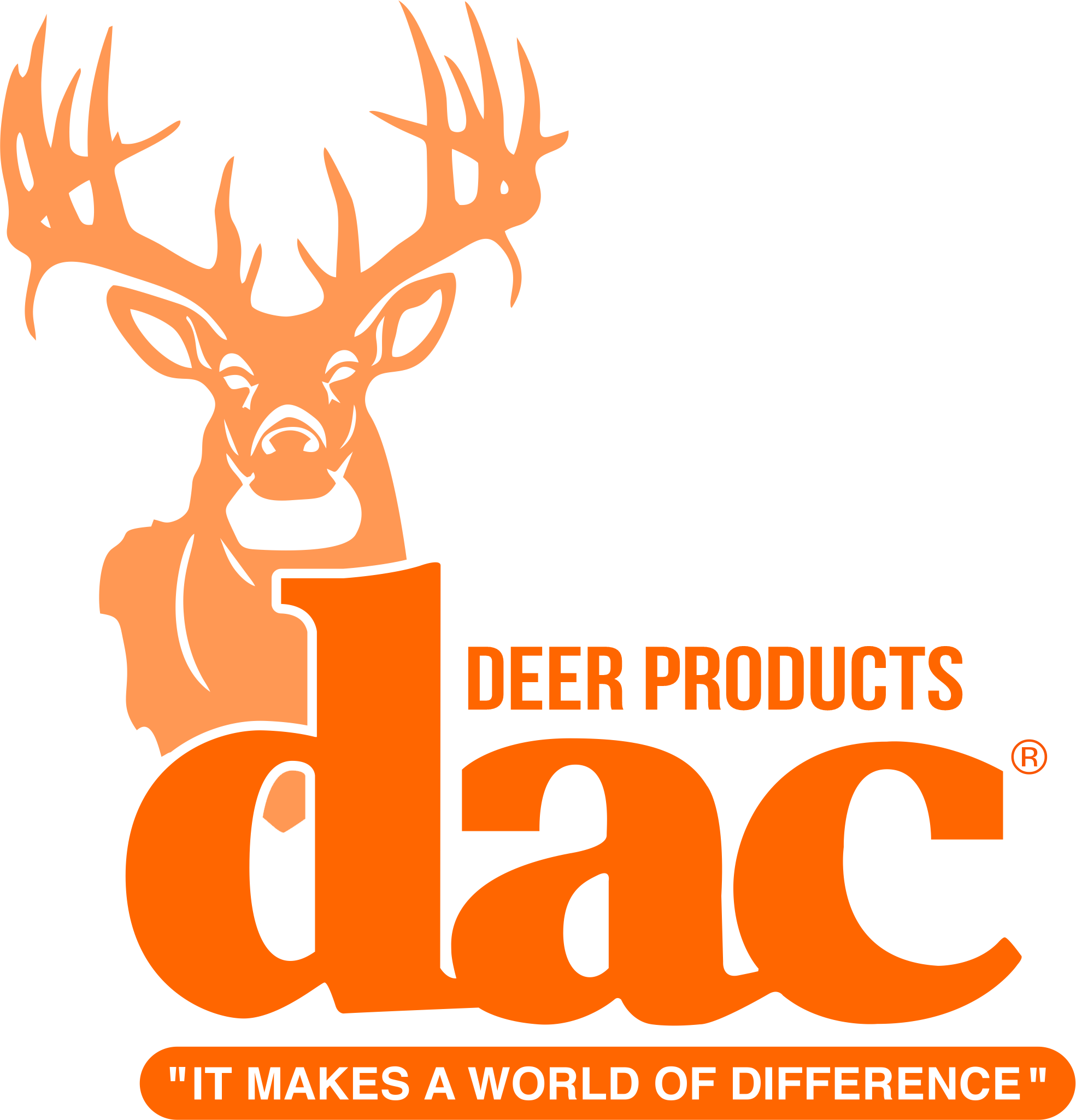 Orange deer with large antlers next to the text 'DEER PRODUCTS' and the slogan 'IT MAKES A WORLD OF DIFFERENCE' in orange on a black background.