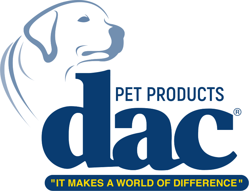 Logo for pet products company 'dac' featuring a stylized dog head outline and the tagline 'It makes a world of difference'.