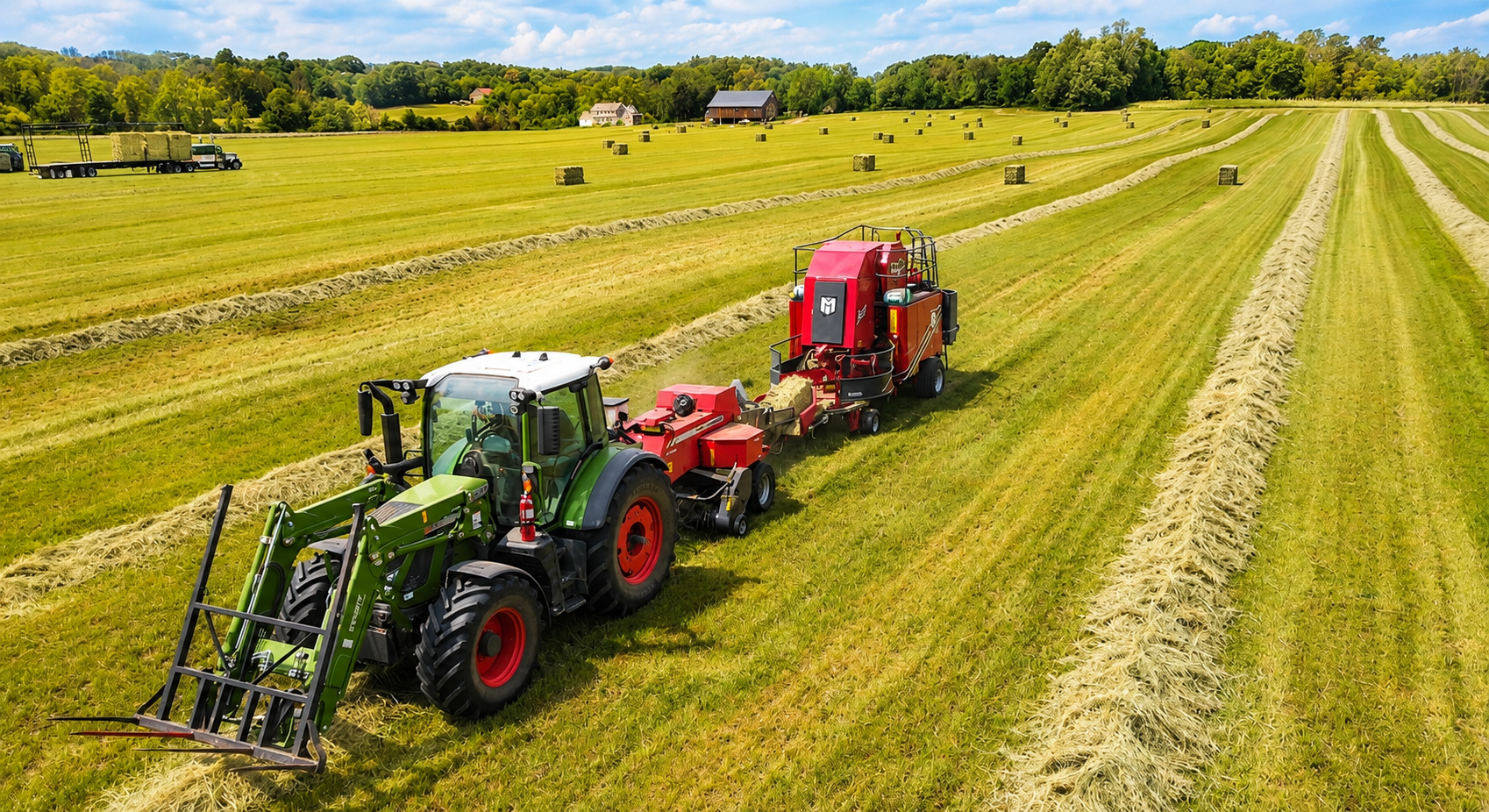 A green tractor pulling a red hay baler in a vast, open field with freshly cut hay, hay bales scattered across the landscape, and trees and farm buildings in the background under a partly cloudy sky.