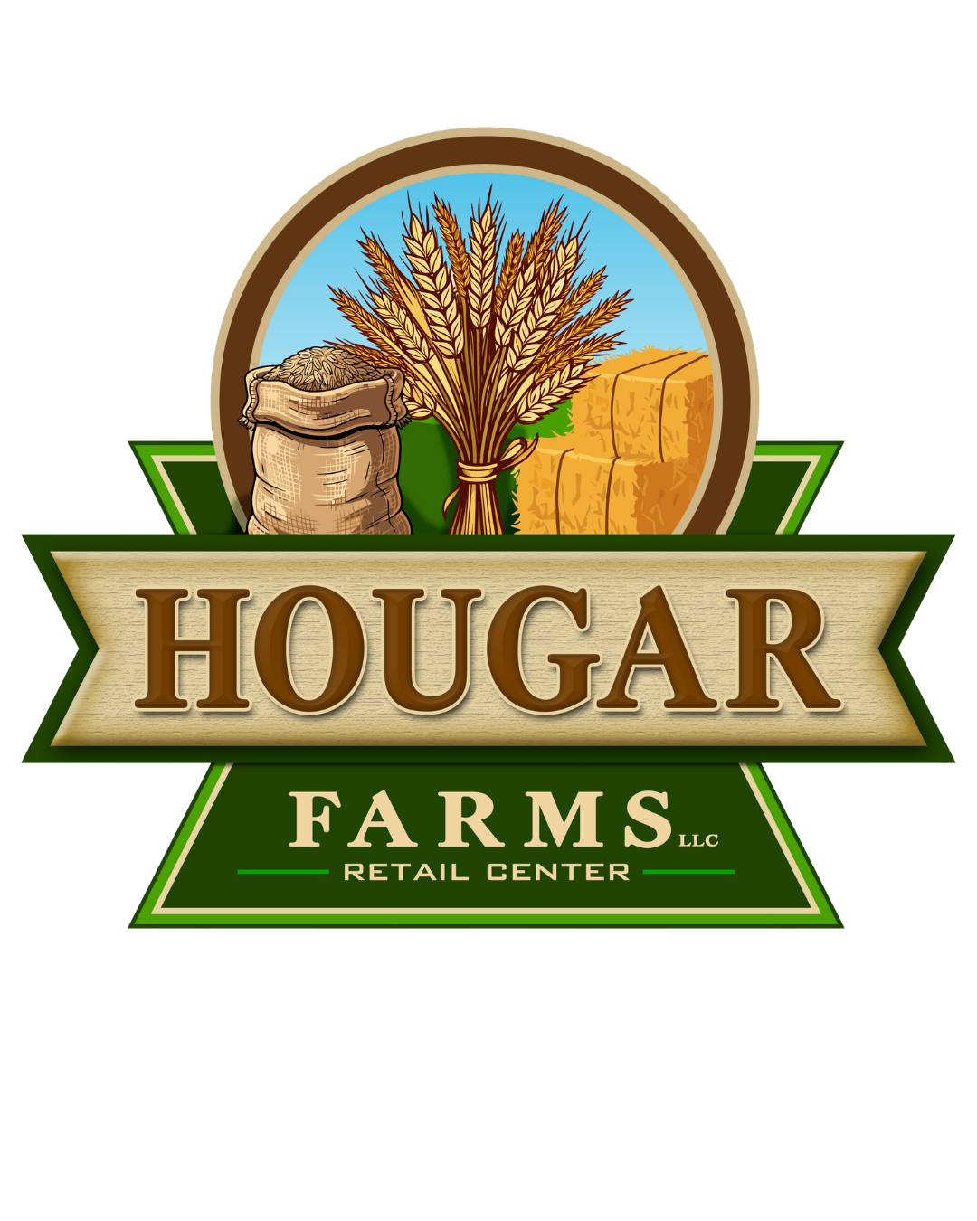 Logo for Hougar Farms featuring wheat, a sack of grain, and hay bales with text branding for a retail center.