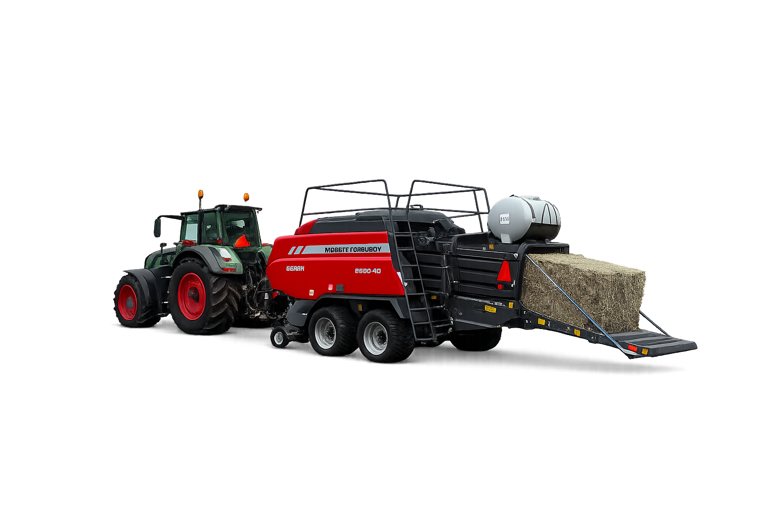 A green tractor pulling a large red and black baler with a hay bale inside.