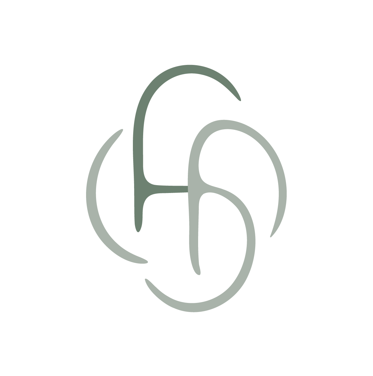 Stylized abstract logo with intertwined lines forming overlapping shapes in shades of gray and green on a black background.