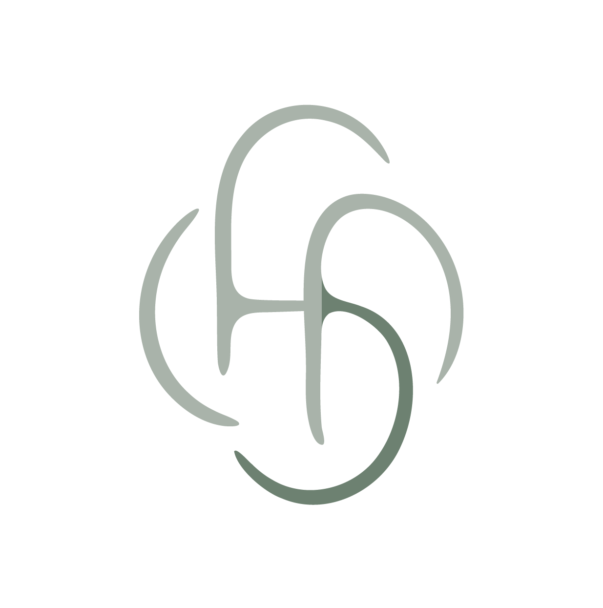 Stylized monogram of intertwined letters 'A' and 'H' in gray on a black background.