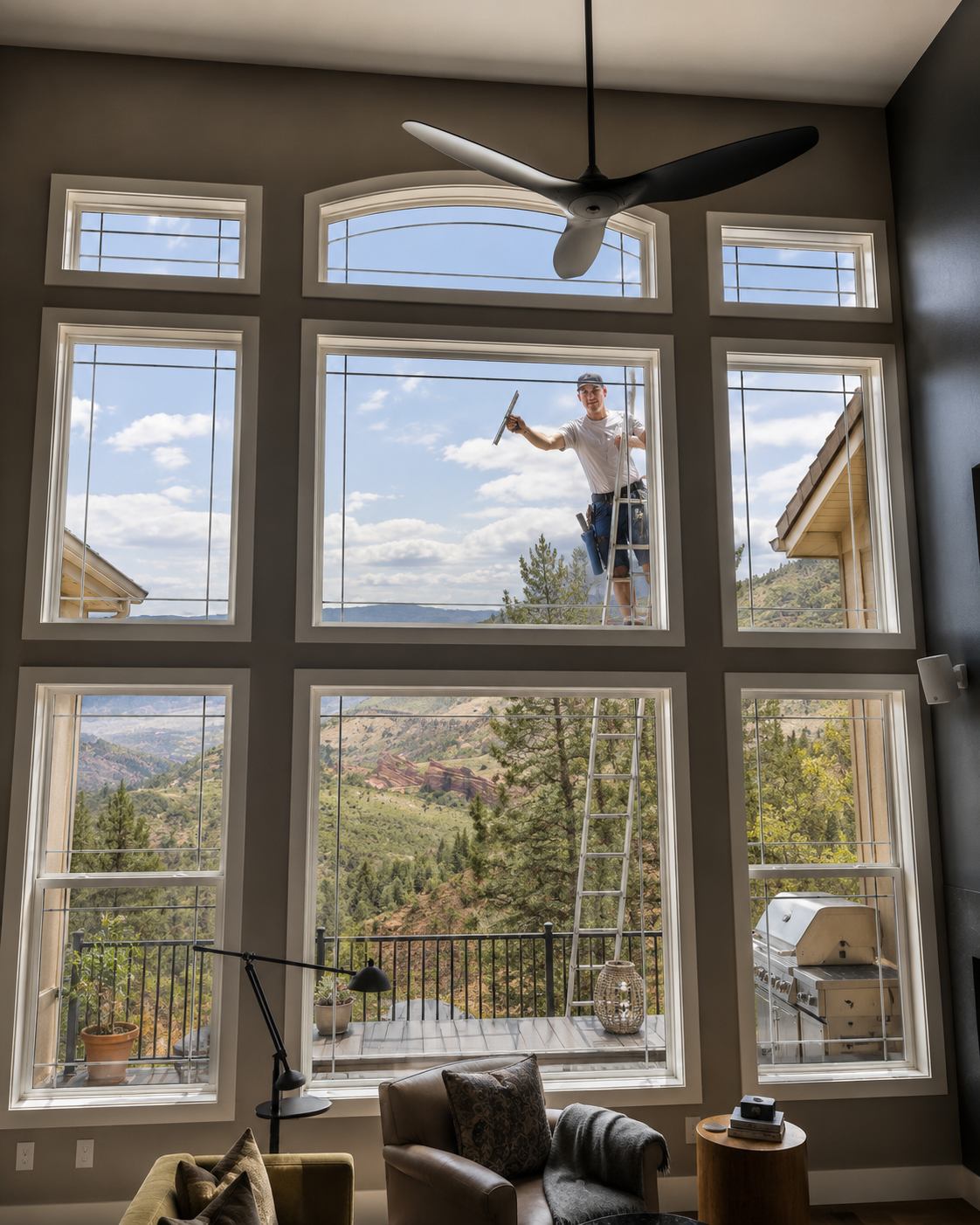 Residential window cleaning in Morrison, Colorado with large picture windows, mountain views, and professional window cleaning.