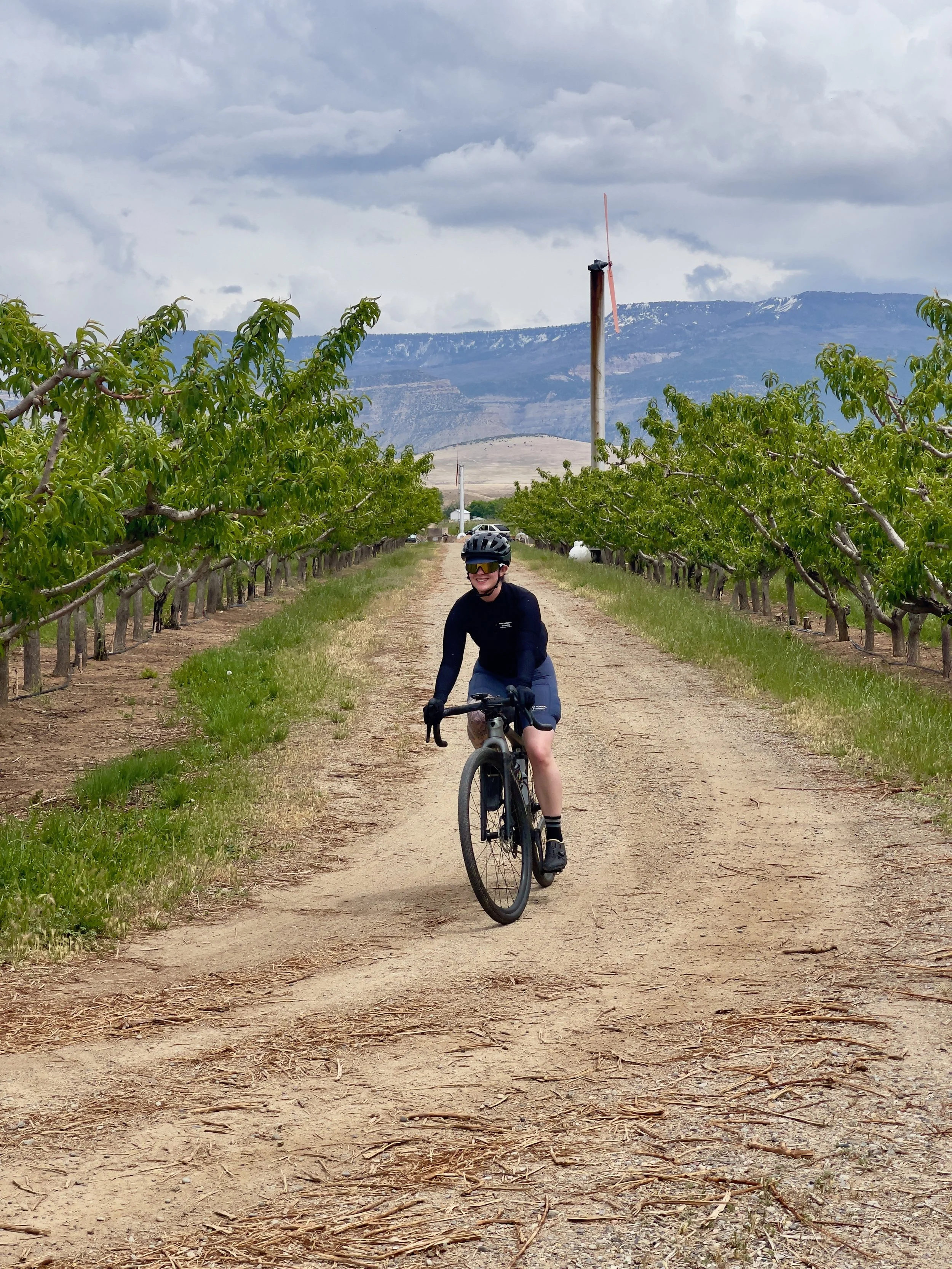 A person riding a gravel bike on a dirt path through an orchard in Palisade Colorado, with a wind turbine and mountains in the background under cloudy skies.