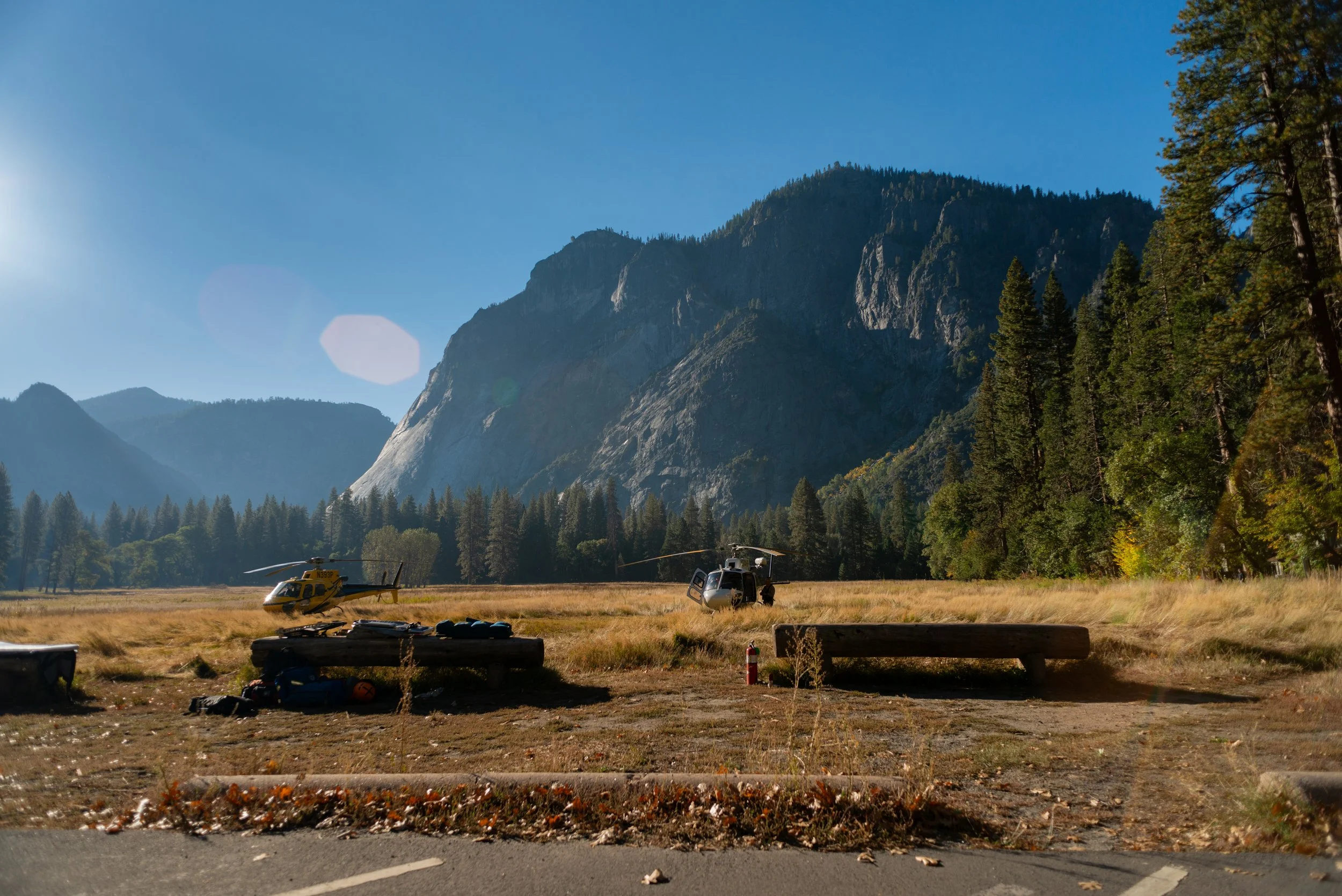 Two helicopters parked on a grassy field in a mountainous area with tall pine trees, a large mountain in the background, and clear blue sky.