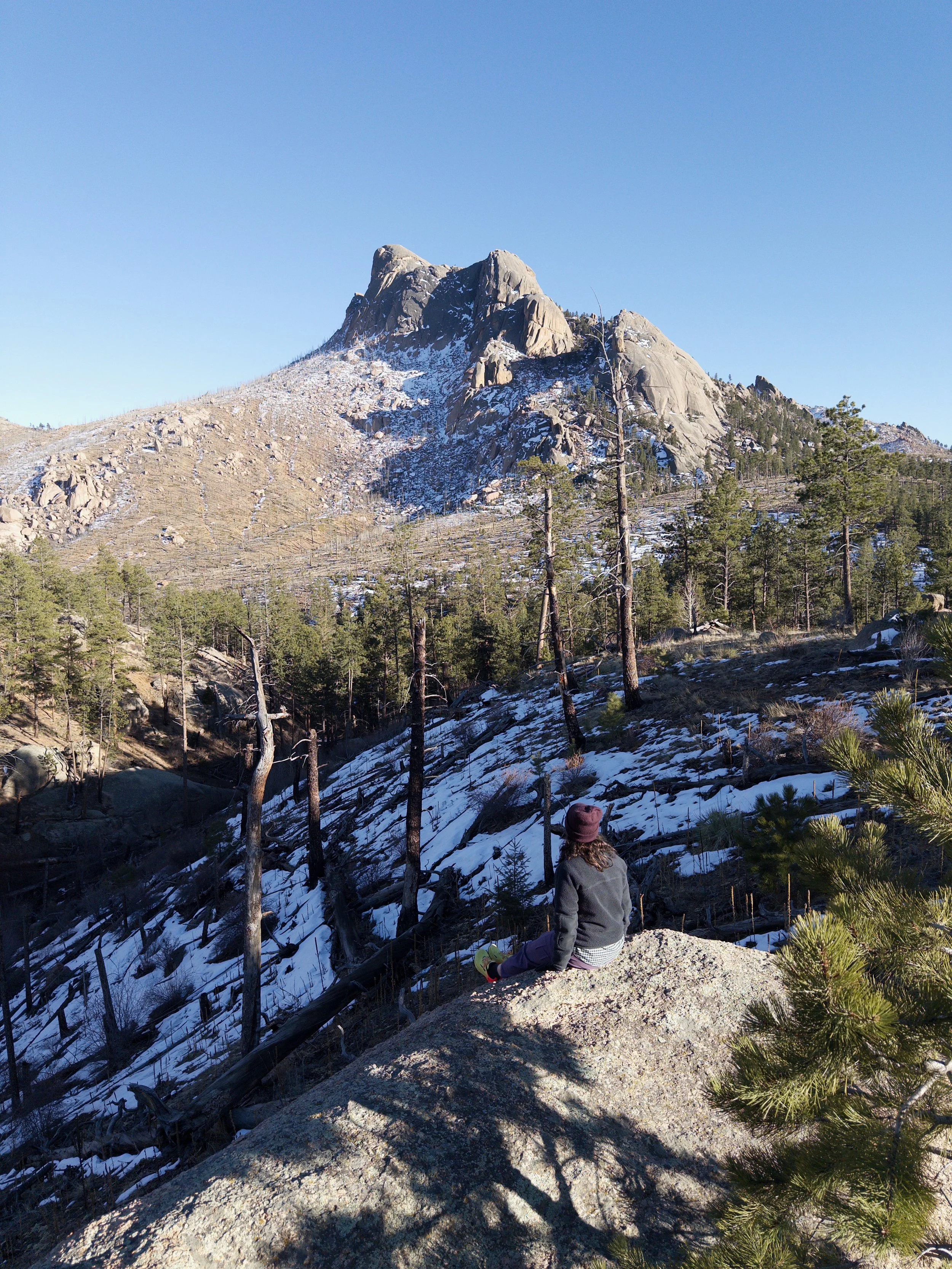 A woman sitting on a rock in a mountainous forested landscape with snow patches, pine trees, and a large rocky mountain in the background under a clear blue sky.