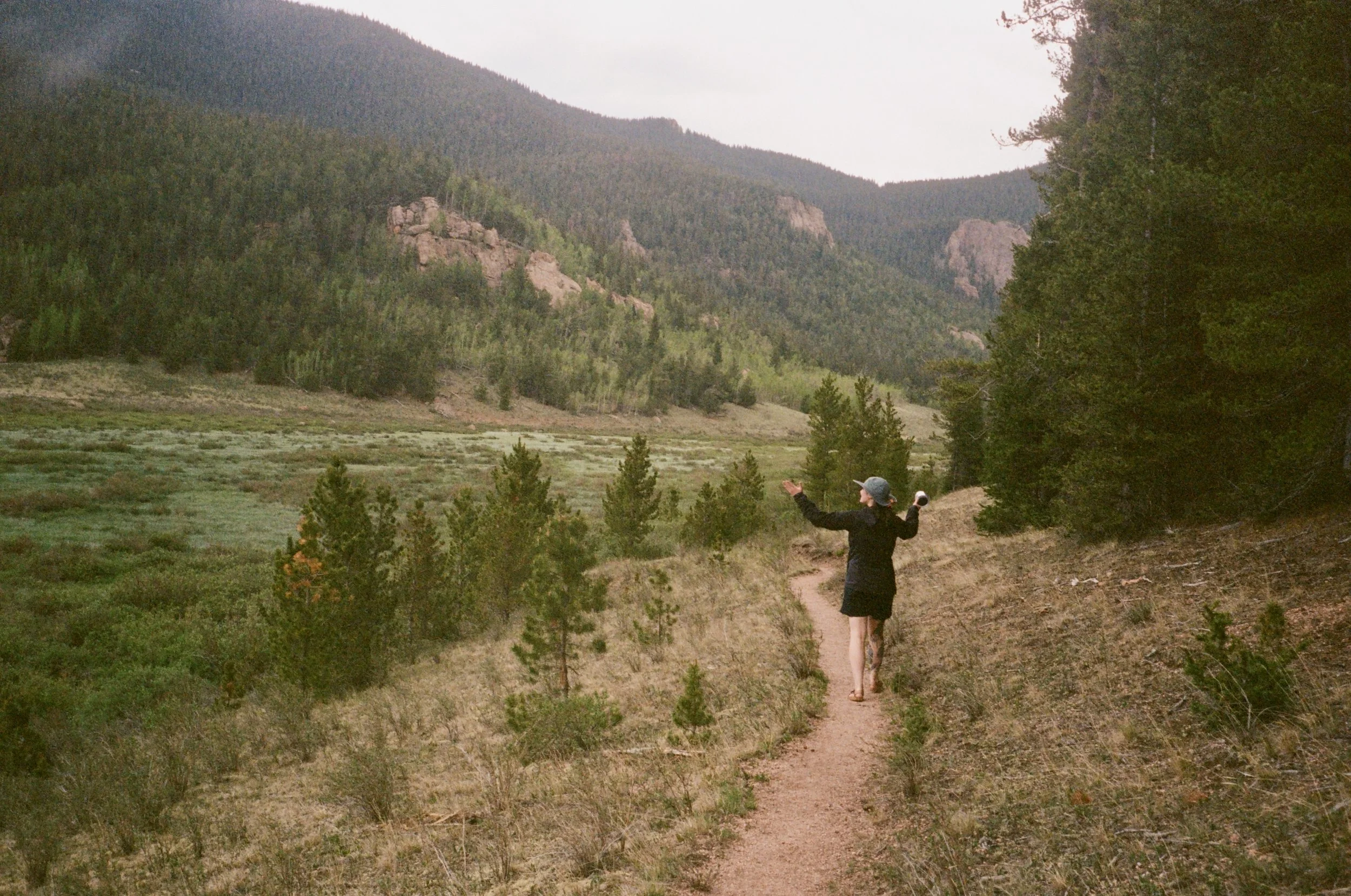 Person walking on a dirt trail in a mountainous area with trees and rocks, with mountains in the background.