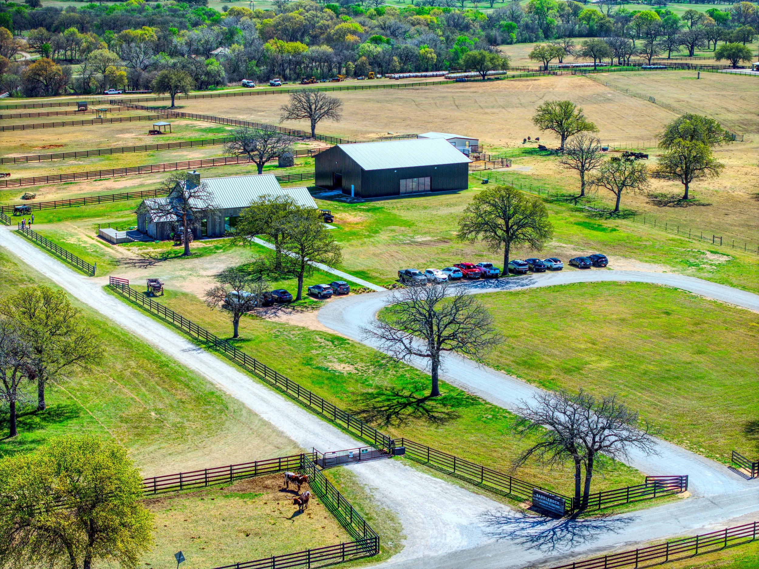Aerial view of a rural farm with fenced areas, trees, two barns, parked cars, and horses grazing near the entrance, with a gravel driveway leading into the property.