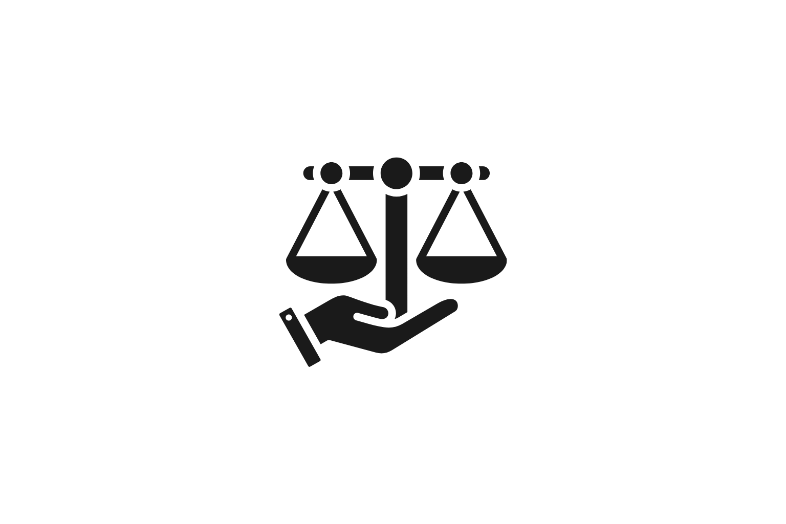 Outline of a hand holding scales of justice, symbolizing law and fairness.