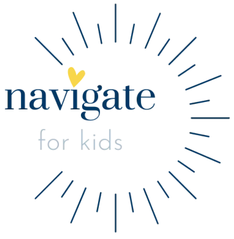 A graphic with the words 'navigate for kids' in blue and white text, with a small yellow heart and radiating blue lines around the text.