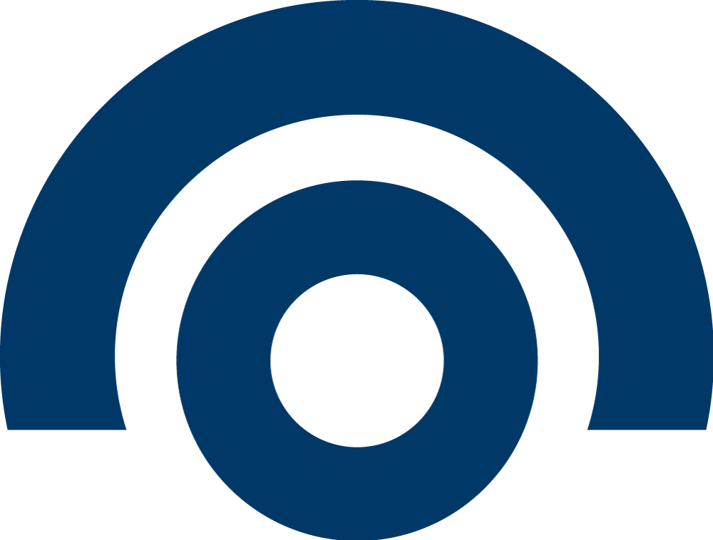 A dark blue icon, featuring a circle with an arch over top