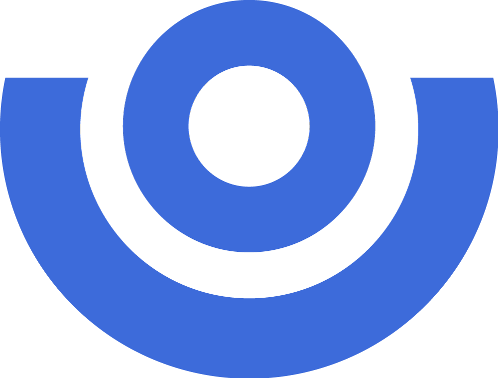 A bright blue icon, featuring a circle with an arch underneath