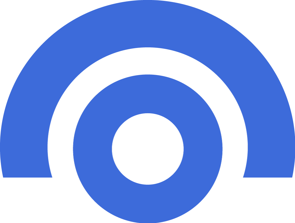 A bright blue icon, featuring a circle with an arch over top