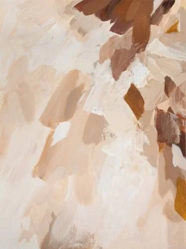 Abstract painting with beige, brown, and white brushstrokes.
