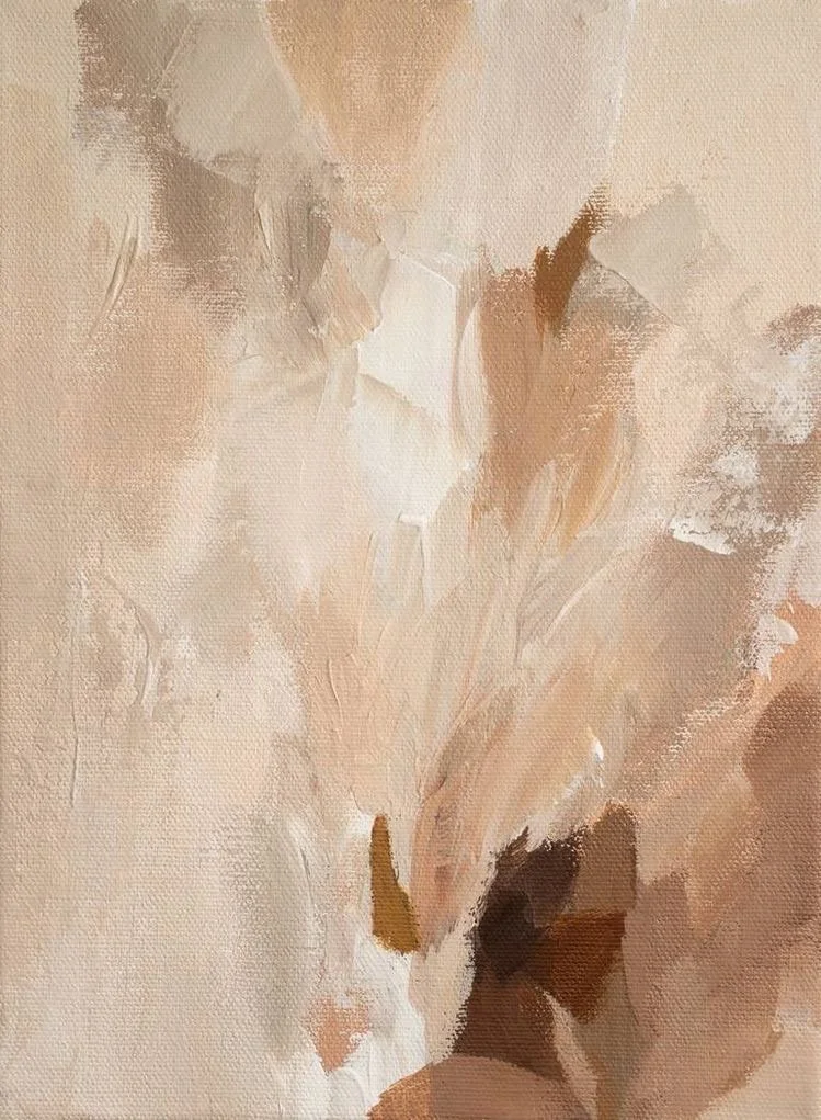 Abstract painting with soft beige, tan, white, and brown brushstrokes.