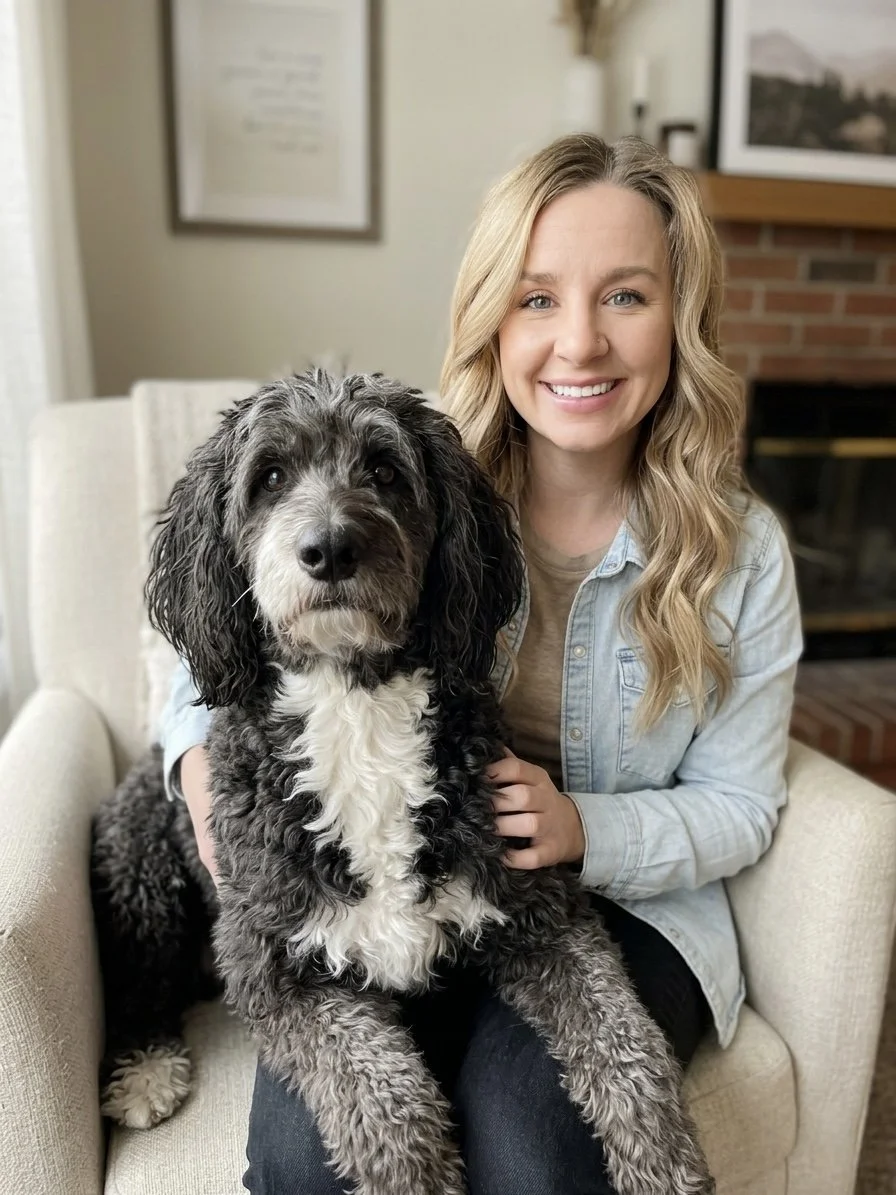A woman with wavy blonde hair smiling and sitting on a beige armchair, holding a large black and white curly-haired dog.